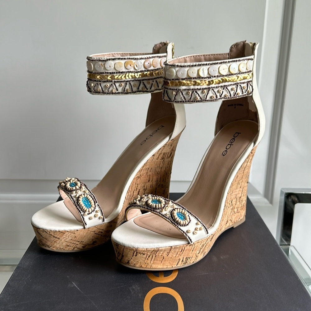Bebe Ilka Embellished White, Cork Platform Sandal. Size 8.